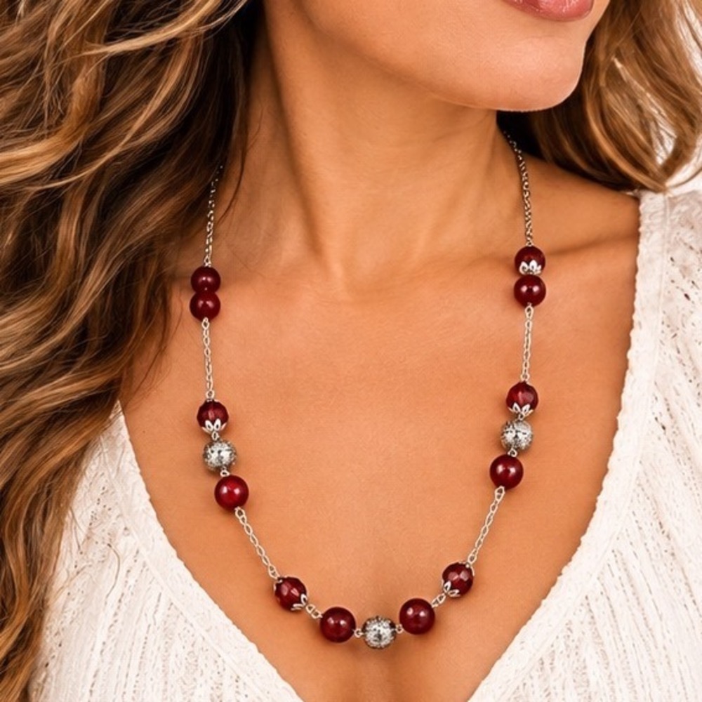 Cherry Red Bead Silver Tone Textured Filigree Station Necklace Adjustable